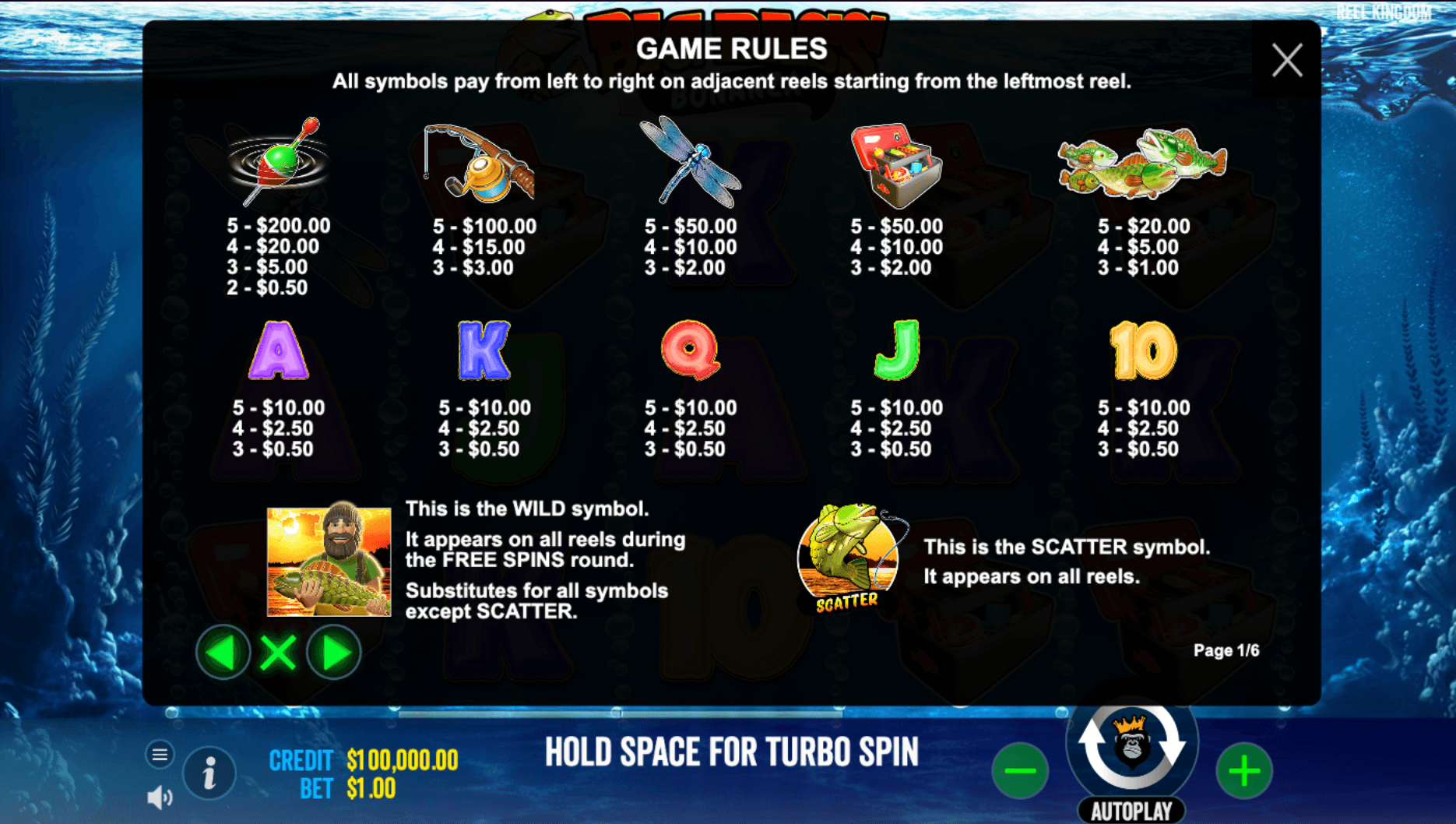 Paytable of Big Bass Bonanza Slot