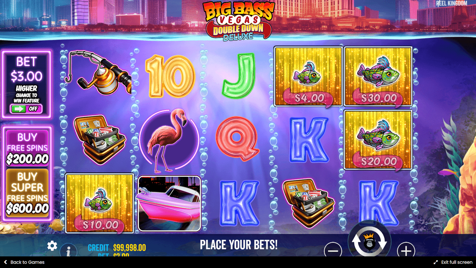 The game’s visuals marry fishing tropes—tackle boxes, fish, rods—with Vegas flair.