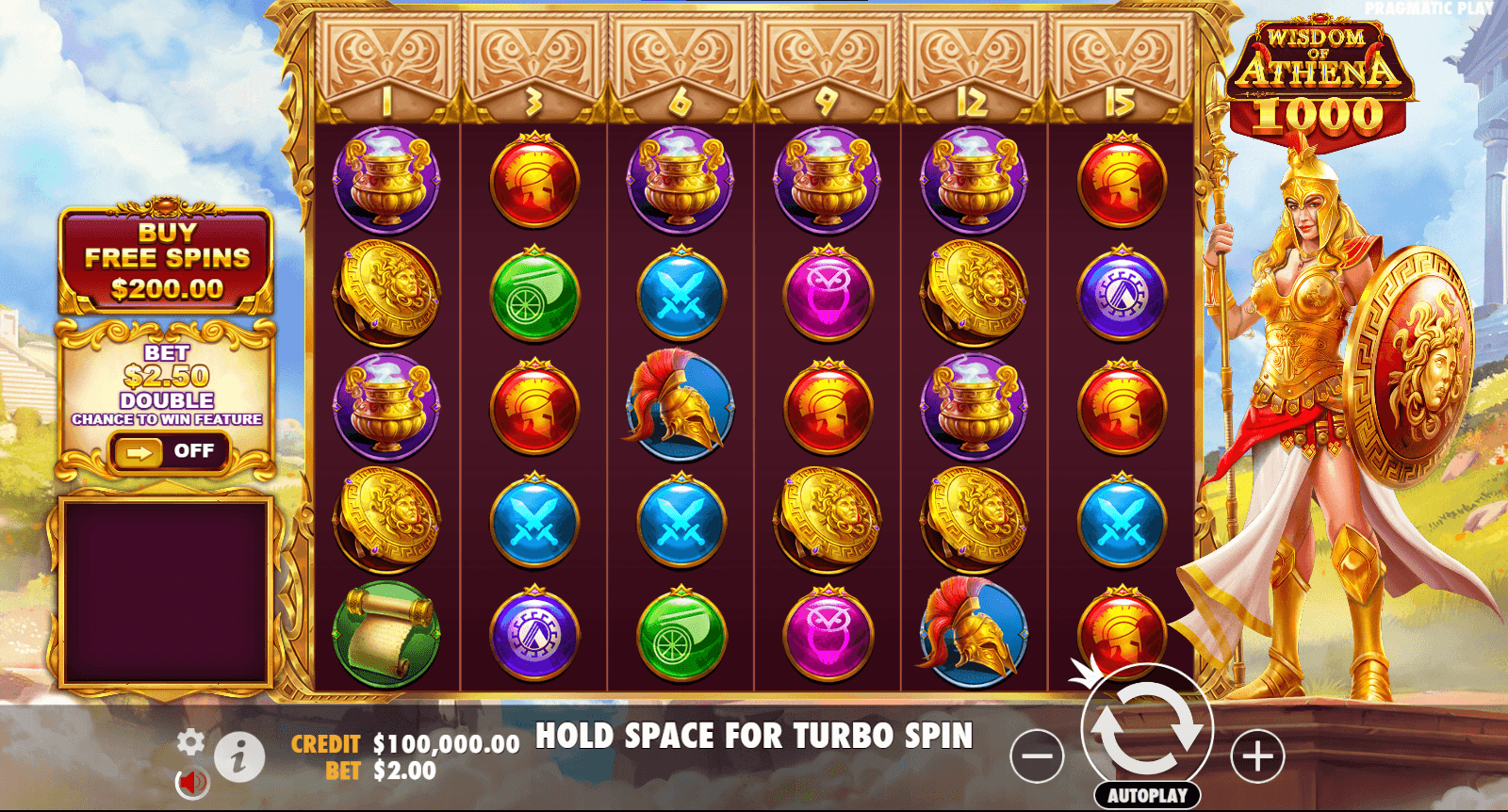 Wisdom of Athena 1000 dazzles with a marble-columned temple backdrop, bathed in golden sunlight.